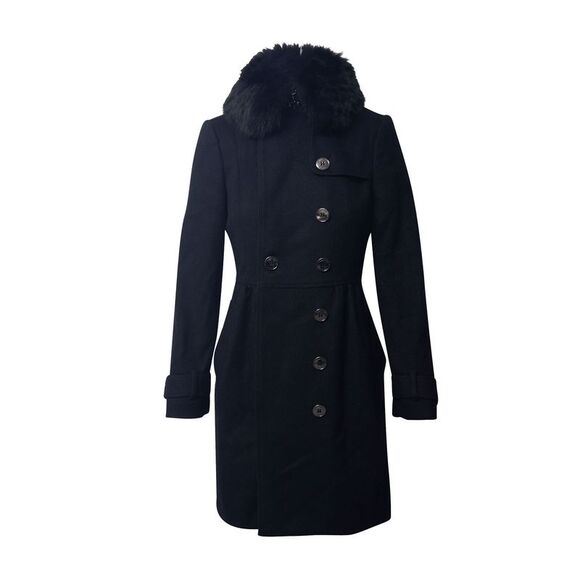 Burberry Coat with Fur Collar Trim in Black Virgin Wool